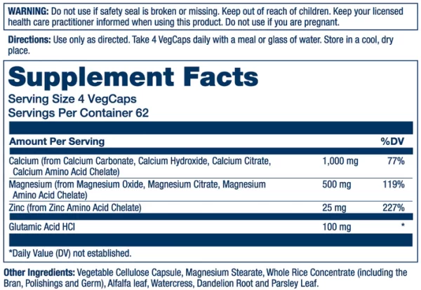 Calcium, Magnesium, Zinc 250 caps supplement facts