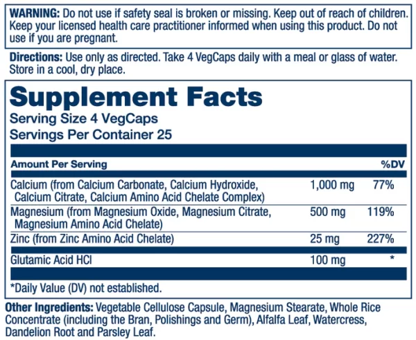 Calcium, Magnesium, Zinc 100 caps supplement facts