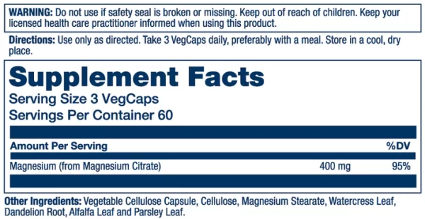 Magnesium Citrate 400mg Supplement Facts for container 60