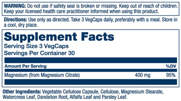 Magnesium Citrate 400mg Supplement Facts for container 30